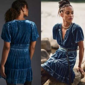 By Anthropologie Somerset Blue Velvet Mini Dress